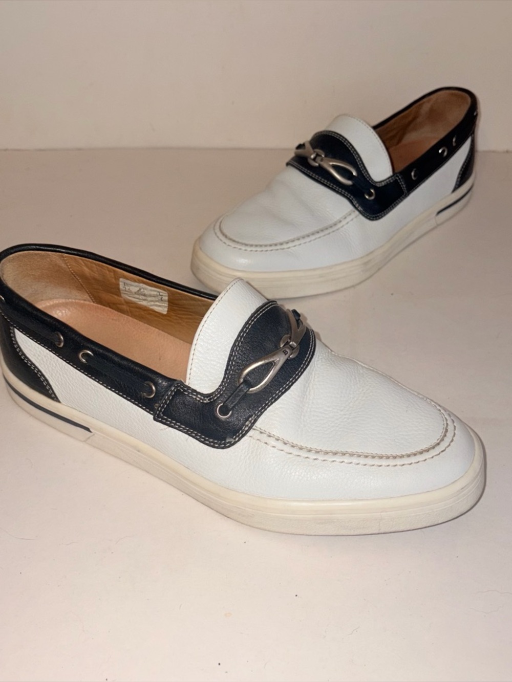 Bally Femer Blue & White Leather with Silver Horsebit Loafers Mens Size 9 EEE